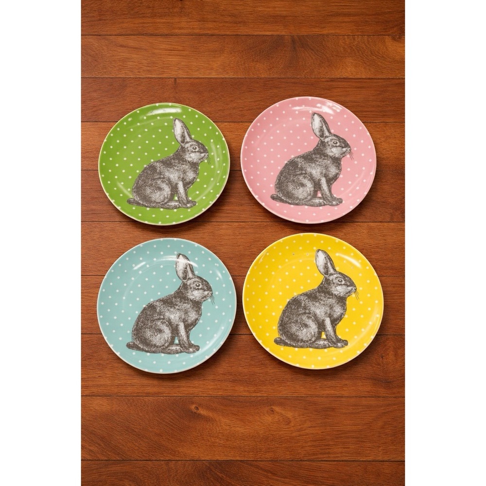 BIA Polka Dot Easter Bunny Rabbit Salad Dessert Plates Set of 4 Pastel Colors